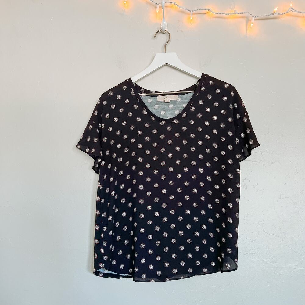 LOFT Black Medallion Print Mixed Media Flutter Sleeve Blouse Medium